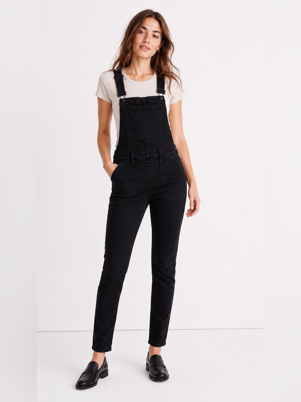 Madewell Skinny Denim Overalls Medium M Lunar Wash Black Side Zip Stretch AA950